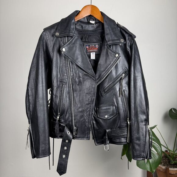 Vintage 80s 90s Leather Black Biker Moto Jacket, Paragon,Thinsulate Tassel Style - Picture 11 of 15